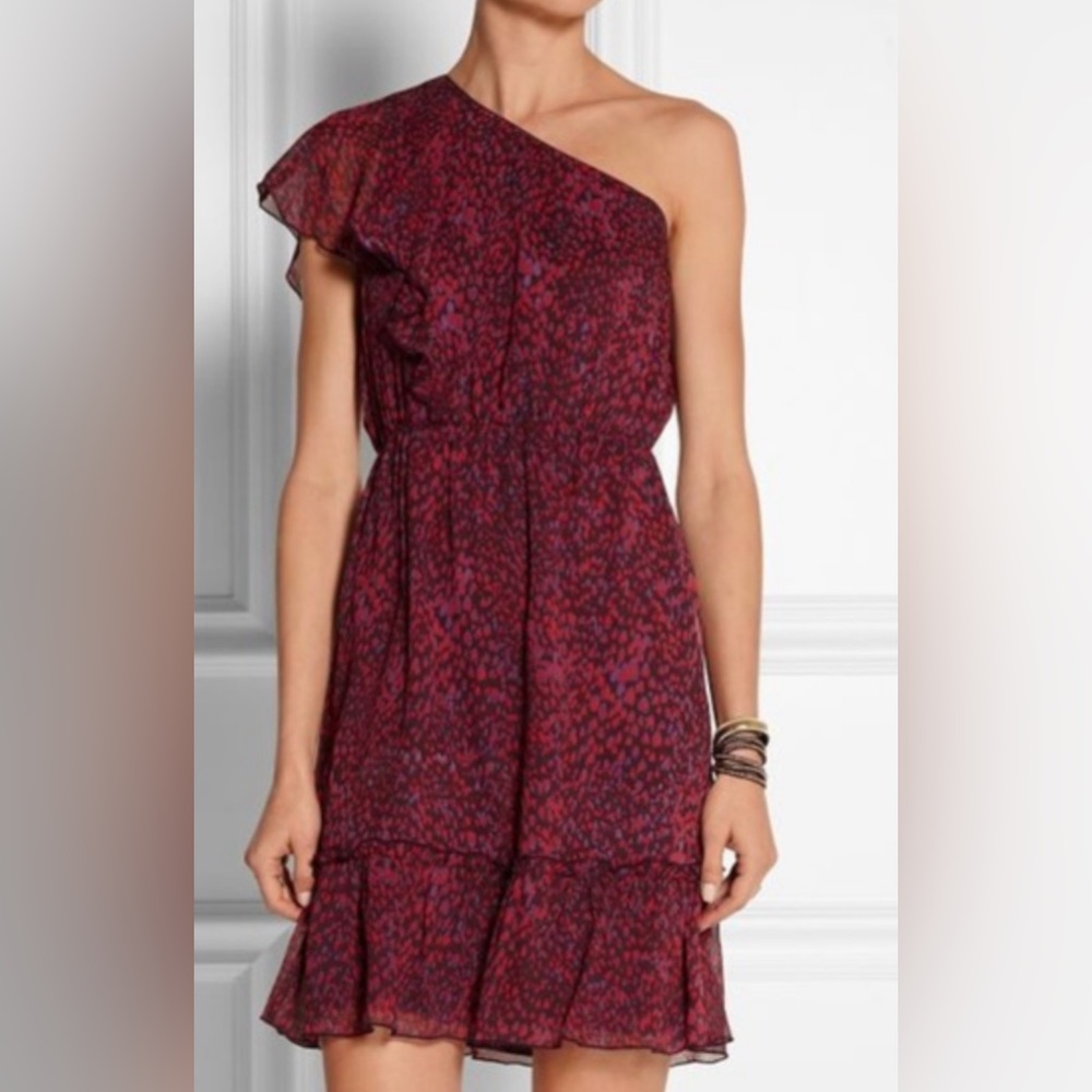 Anna Sui Red & Purple Heart Print   One Shoulder Dress